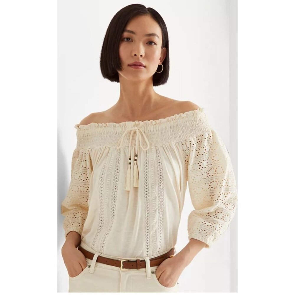 Lauren Ralph Lauren Off-Shoulder Smocked Cotton Eyelet Top‎ W/ Tassel Accents L